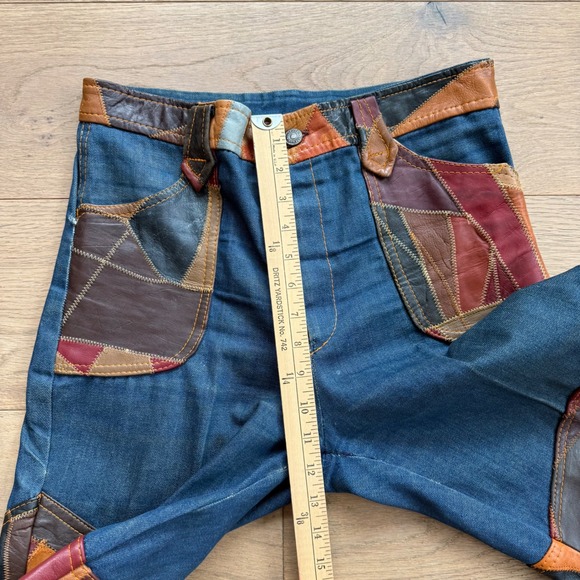 Vintage 70s Aura Rosemary Denim Leather Patchwork Vest & Flare Jeans Set L 32 - Picture 11 of 15